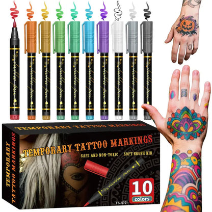 🎁🔥Last day sale 50% OFF🔥Cosmetic Grade Temporary Tattoo Markers for Skin, 10/15 Vibrant Colors Flexible Brush Tip Pens, Face Makeup Halloween, None Toxic, Office Stationery Writing Tool